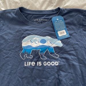Life is Good long sleeved tee - navy blue, teal and white with a polar bear